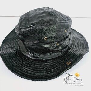 Vintage Black English‎ Leather Patchwork Bucket Hat With Brass Grommets《817》A